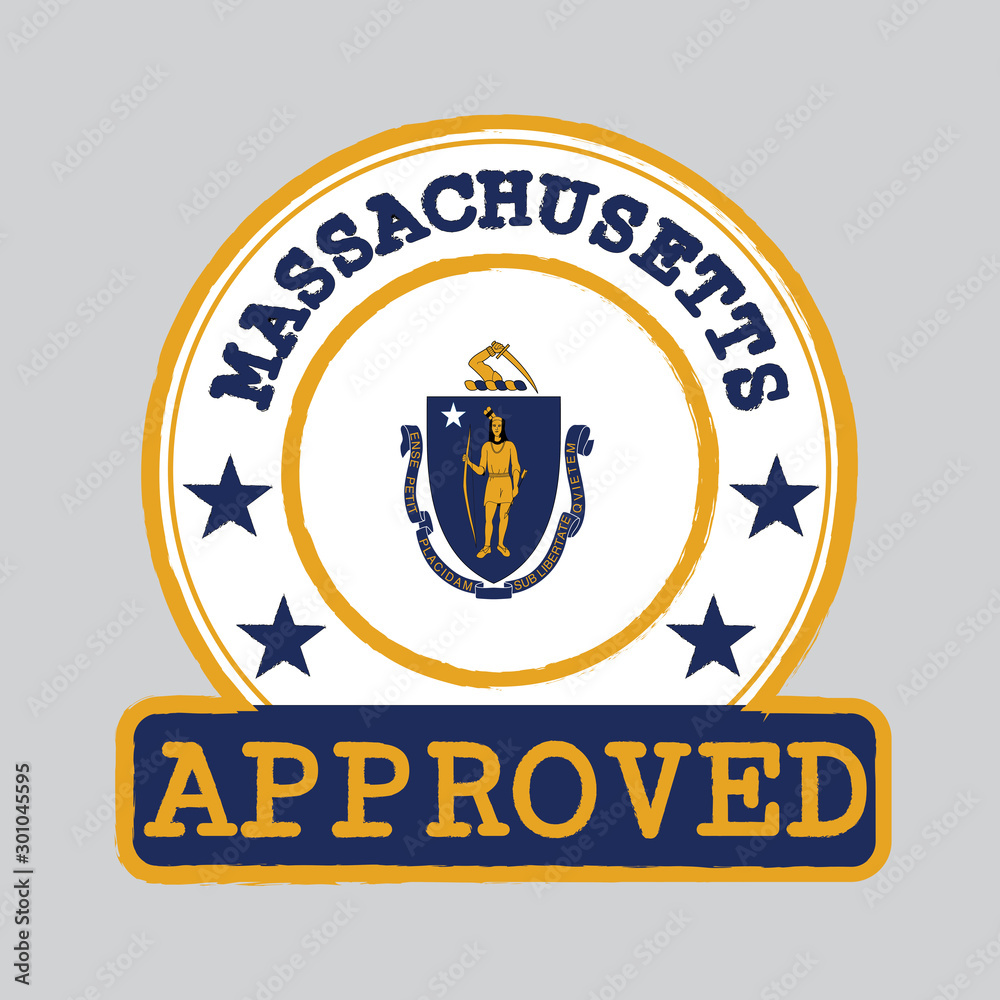Naklejka premium Vector Stamp of Approved logo with Massachusetts Flag in the round shape on the center. The states of America.