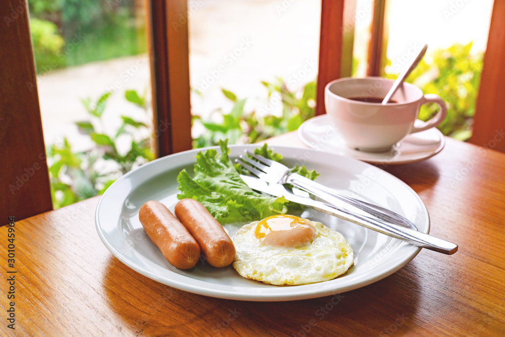 set breakfast with coffee,fried eggs, sausages set breakfast with coffee,fried eggs, sausages