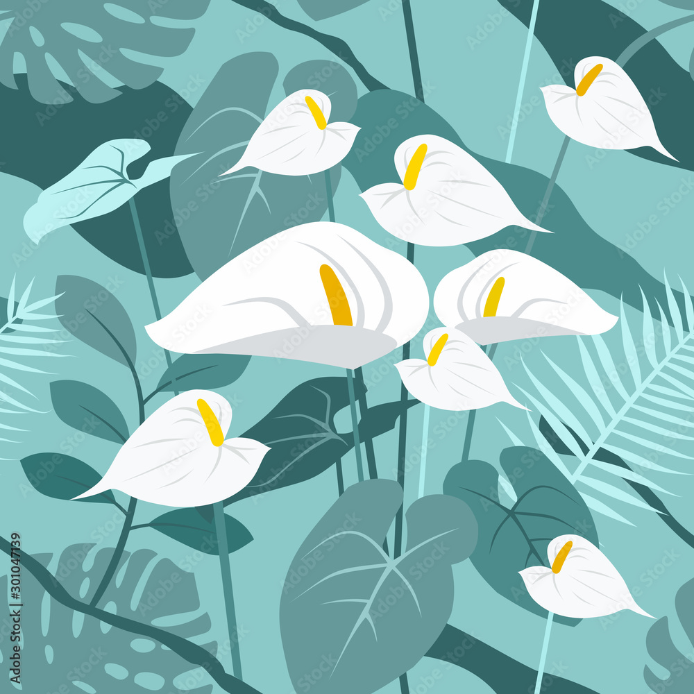 Obraz premium Seamless vector texture of tropical flowers and leaves. Anthurium, monstera in the jungle. Blooming garden of Eden in summer.