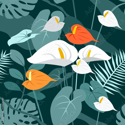 Seamless vector texture of tropical flowers and leaves. Anthurium, monstera, palm in the jungle. Blooming garden of Eden in summer.
