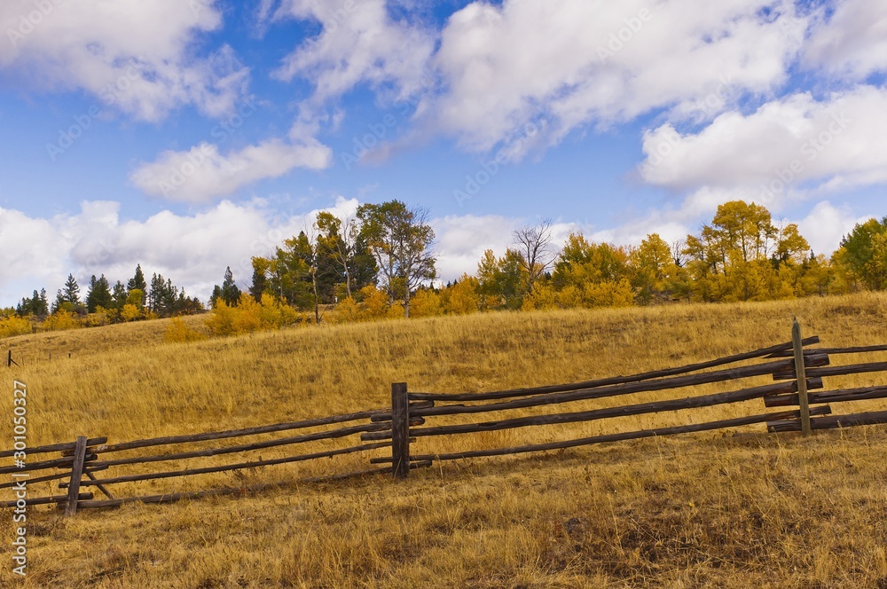 Dry golden rangeland and wood fence