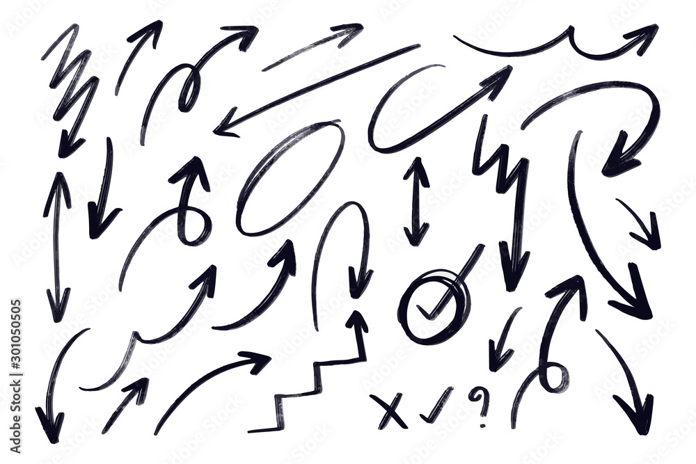 Hand drawn arrow vector set. Doodle arrows and line Sketch design on white background. Hand drawn arrow vector set. Doodle arrows and line Sketch design on white background.