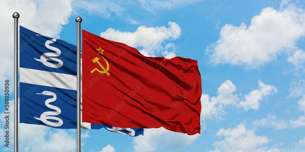 Naklejka premium Martinique and Soviet Union flag waving in the wind against white cloudy blue sky together. Diplomacy concept, international relations.