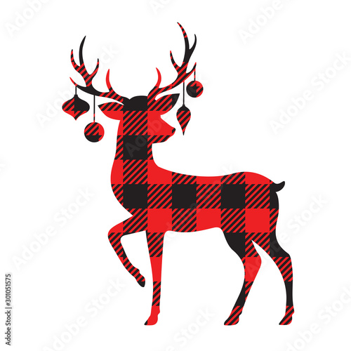 Vector illustration of a standing reindeer with Christmas ornaments. Holiday red buffalo plaid reindeer design.