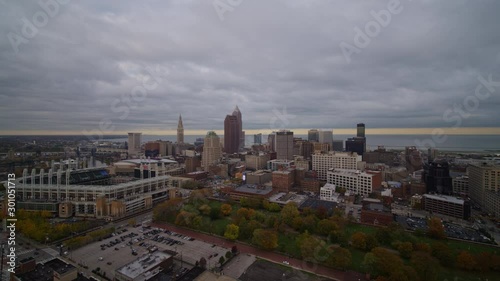 Cleveland Ohio Aerial v51 Slight ascending, panning view of downtown cityscape - October 2017 photo