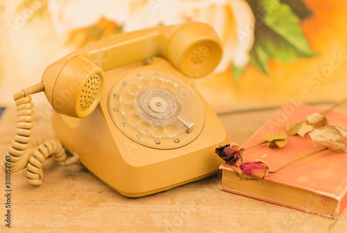 Old telephone book and roses . select focus. vintage style.