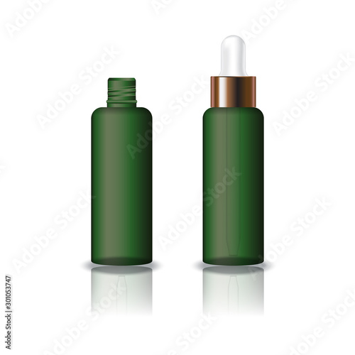 Blank green clear cosmetic round bottle with white dropper lid for beauty or healthy product. Isolated on white background with reflection shadow. Ready to use for package design. Vector illustration.