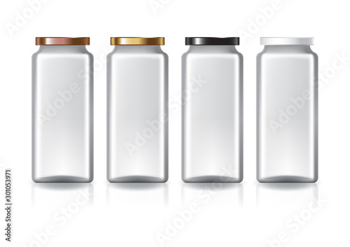 Blank clear high square jar with 4 colors flat lid for supplements or food product. Isolated on white background with reflection shadow. Ready to use for package design. Vector illustration.