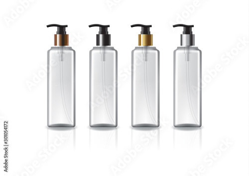 Clear square cosmetic bottle with 4 colors pump head for beauty, healthy product. Isolated on white background with reflection shadow. Ready to use for package design. Vector illustration.