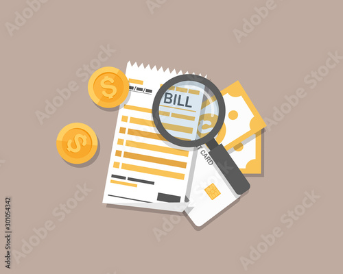 flat cartoon tax bill document analysis,  financial check photo