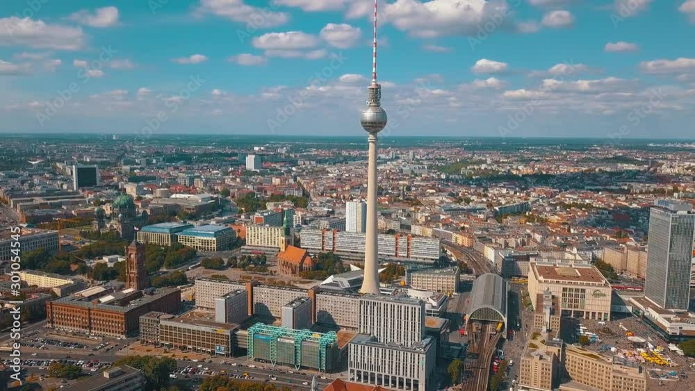 BERLIN, GERMANY - JUNE, 2019: Aerial drone view shot of TV Tower on Alexanderplatz