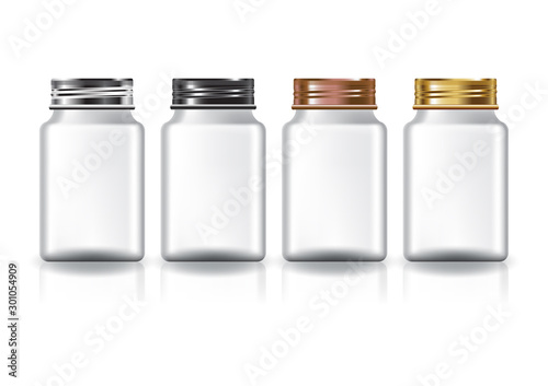 White square supplements, medicine bottle 4 colors screw lid for beauty or healthy product. Isolated on white background with reflection shadow. Ready to use for package design. Vector illustration.