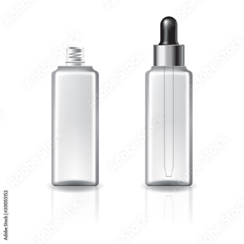Clear square cosmeticbottle with dropper lid and silver ring for beauty or healthy product.