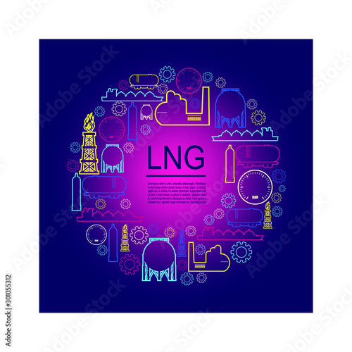 Energy and Power icons set. Design concept of natural gas industry. Circle frame with industrial line icons.