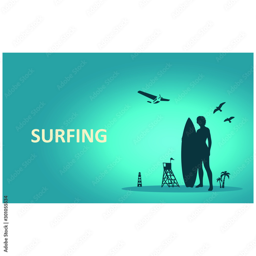 Woman posing with surfboard. Palm and lifeguard tower on backdrop. Air plane and birds in the sky. Web project template Woman posing with surfboard. Palm and lifeguard tower on backdrop. Air plane and birds in the sky. Web project template