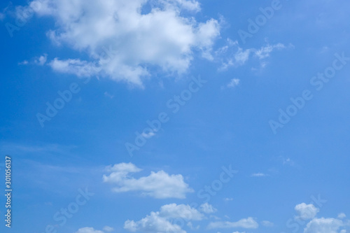 bright blue sky with white fluffy clouds in summer time