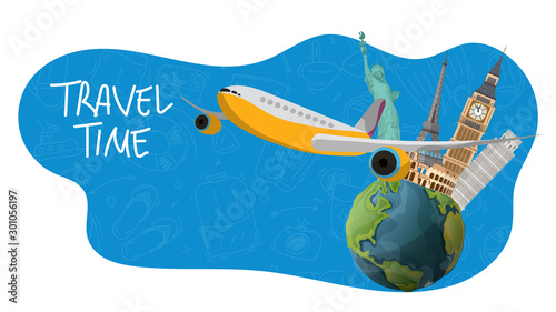 Blue Background for tourism with the sights of the world.  Big Ben, Statue of Liberty, Colosseum, Piazza Tower, Eiffel Tower. Vector Illustration.