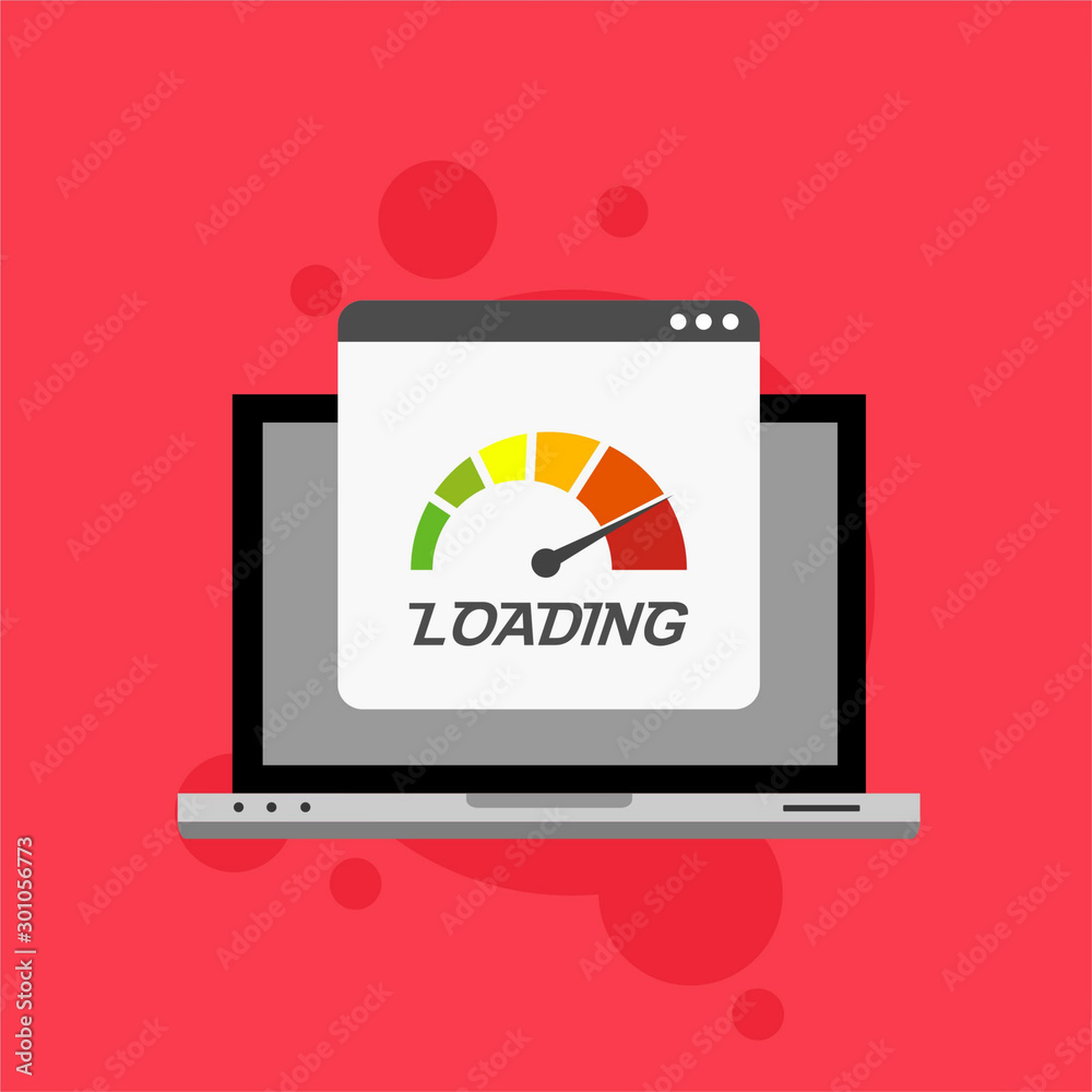 Laptop browser with speedometer test showing loading speed time. Vector illustration Laptop browser with speedometer test showing loading speed time. Vector illustration