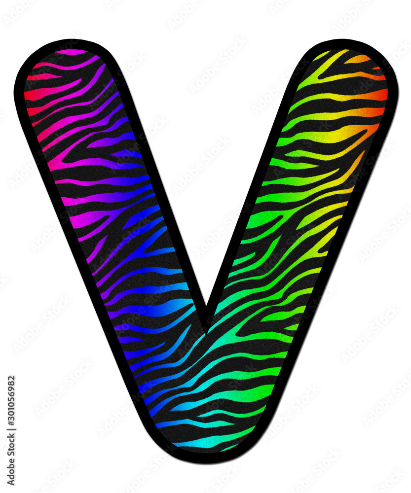3D Zebra RAINBOW print letter V, animal skin fur creative decorative character A, with colorful isolated in white background. has clipping path and dicut. Design font wildlife or safari concept. 3D Zebra RAINBOW print letter V, animal skin fur creative decorative character A, with colorful isolated in white background. has clipping path and dicut. Design font wildlife or safari concept.
