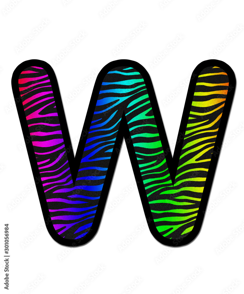 3D Zebra RAINBOW print letter W, animal skin fur creative decorative character A, with colorful isolated in white background. has clipping path and dicut. Design font wildlife or safari concept. 3D Zebra RAINBOW print letter W, animal skin fur creative decorative character A, with colorful isolated in white background. has clipping path and dicut. Design font wildlife or safari concept.