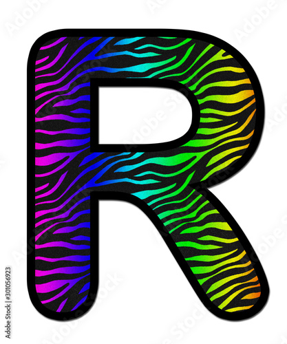 3D Zebra RAINBOW print letter R, animal skin fur creative decorative character A, with colorful isolated in white background. has clipping path and dicut. Design font wildlife or safari concept.