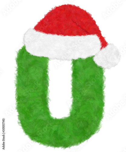 3D “Green wool fur feather letter” creative decorative with Red Christmas hat, Character U isolated in white background has clipping path and dicut. Design font for Christmas holiday fashion concept. © Arpon