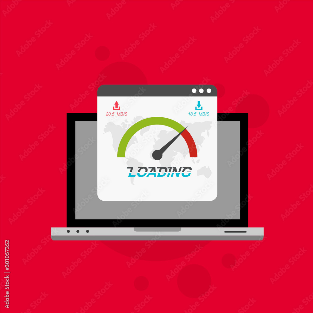 Laptop with speed test on the screen. Flat design people and technology concept. Vector illustration for web banner, business presentation, advertising material. Laptop with speed test on the screen. Flat design people and technology concept. Vector illustration for web banner, business presentation, advertising material.