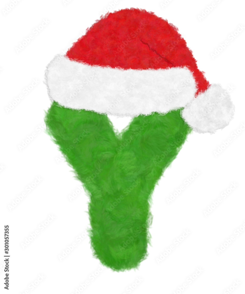 3D “Green wool fur feather letter” creative decorative with Red Christmas hat, Character Y isolated in white background has clipping path and dicut. Design font for Christmas holiday fashion concept. 3D “Green wool fur feather letter” creative decorative with Red Christmas hat, Character Y isolated in white background has clipping path and dicut. Design font for Christmas holiday fashion concept.
