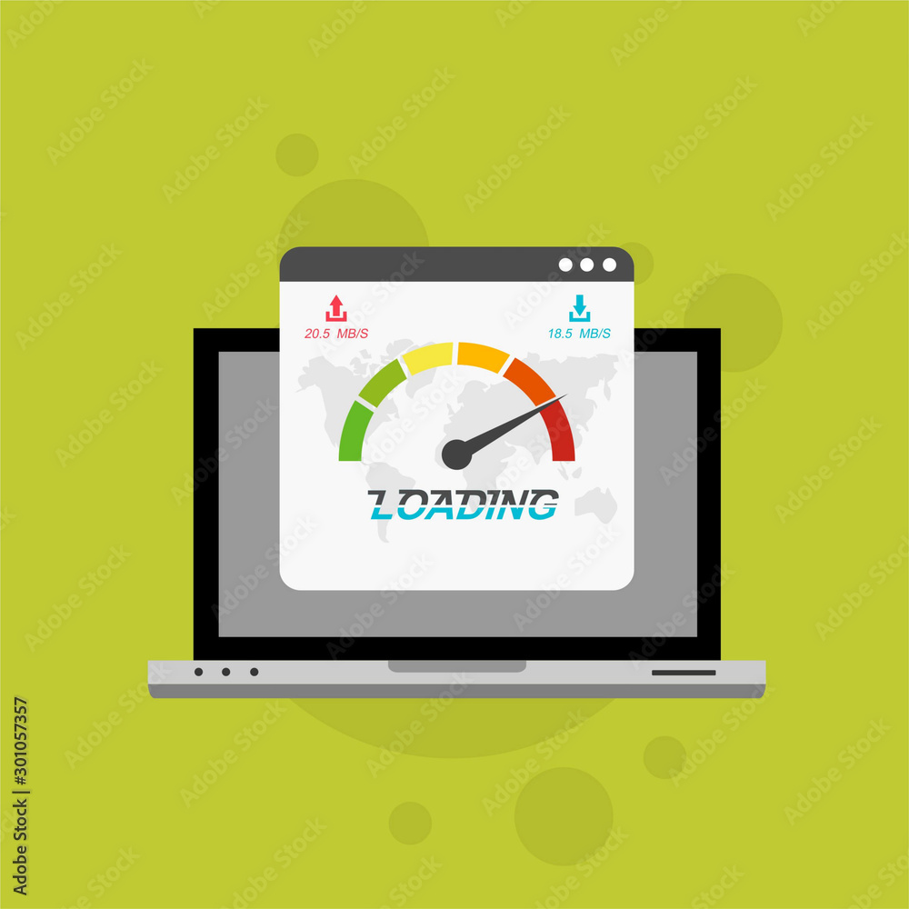 Laptop with speed test on the screen. Flat design people and technology concept. Vector illustration for web banner, business presentation, advertising material. Laptop with speed test on the screen. Flat design people and technology concept. Vector illustration for web banner, business presentation, advertising material.
