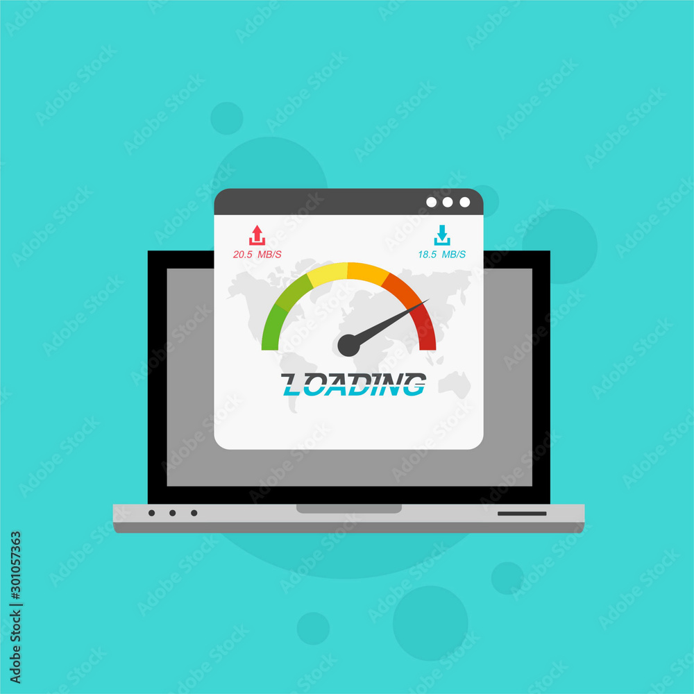 Laptop with speed test on the screen. Flat design people and technology concept. Vector illustration for web banner, business presentation, advertising material. Laptop with speed test on the screen. Flat design people and technology concept. Vector illustration for web banner, business presentation, advertising material.