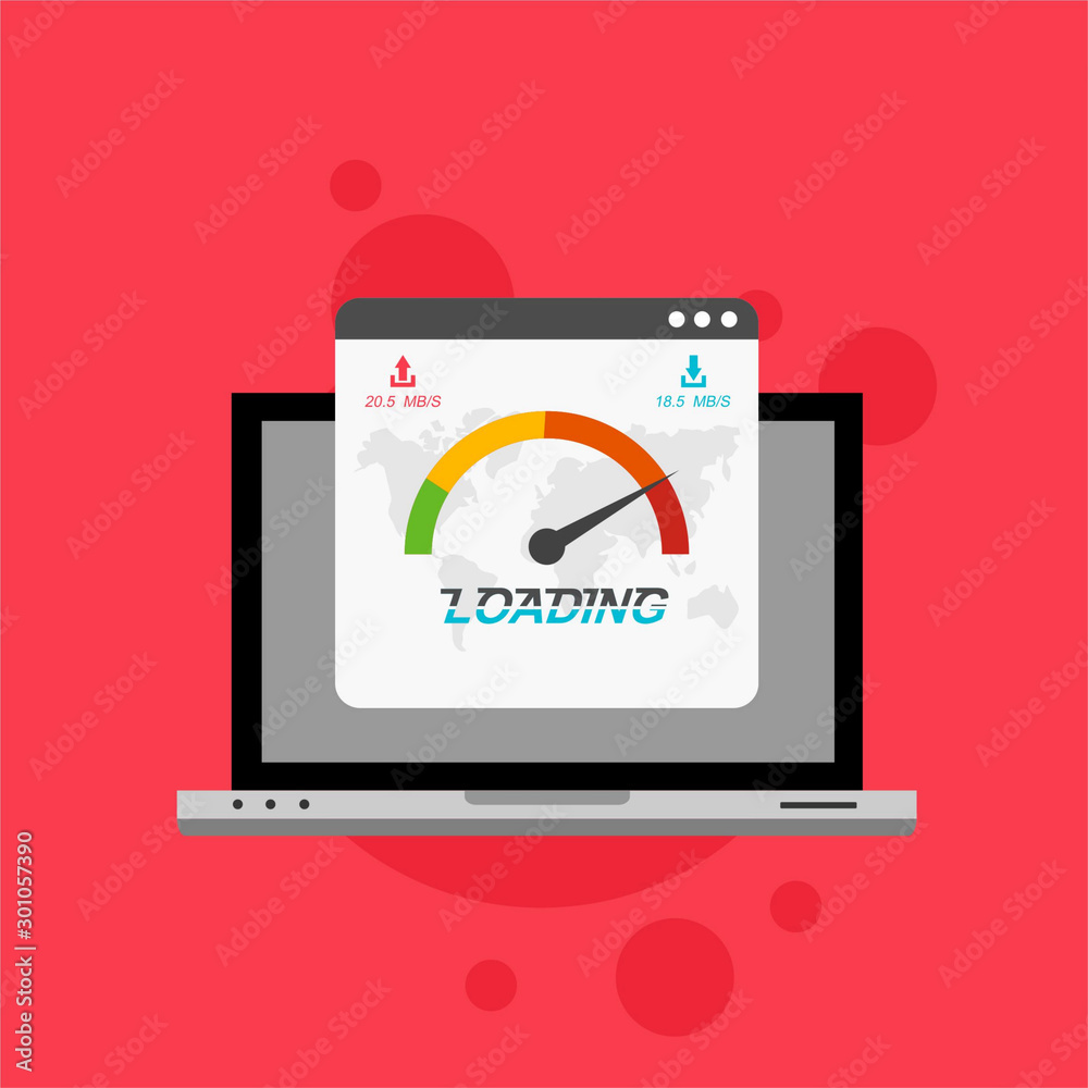Laptop with speed test on the screen. Flat design people and technology concept. Vector illustration for web banner, business presentation, advertising material. Laptop with speed test on the screen. Flat design people and technology concept. Vector illustration for web banner, business presentation, advertising material.