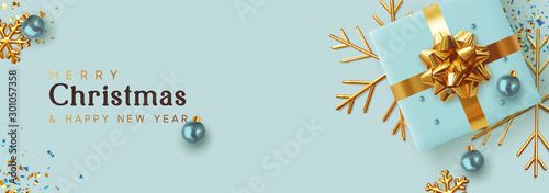 Christmas banner. Background Xmas design of realistic blue gifts box, golden 3d render snowflake and glitter gold confetti, bauble ball. Horizontal christmas poster, greeting cards, headers website