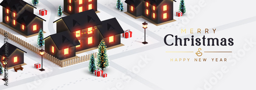 Christmas night city. The houses and street are lit by lanterns. New Year's town from the cottage houses. Festive horizontal banner, web poster, greeting card, cover. Holiday illustration