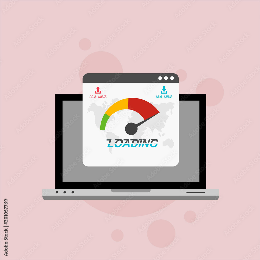 Laptop with speed test on the screen. Flat design people and technology concept. Vector illustration for web banner, business presentation, advertising material. Laptop with speed test on the screen. Flat design people and technology concept. Vector illustration for web banner, business presentation, advertising material.