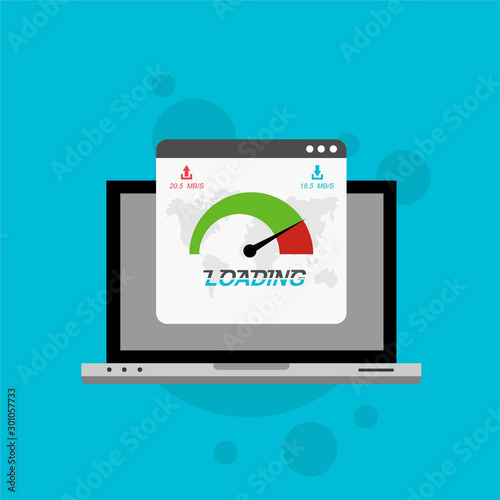 Laptop with speed test on the screen. Flat design people and technology concept. Vector illustration for web banner, business presentation, advertising material.