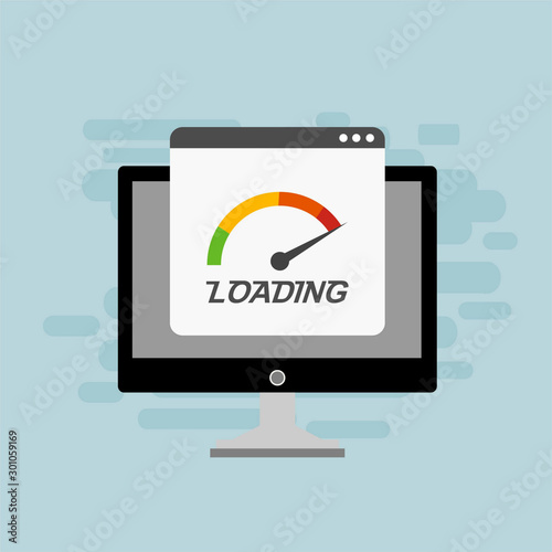 laptop with Speedometer Internet Speed icon. Website speed loading time. Vector illustration for web banner, business presentation, advertising material