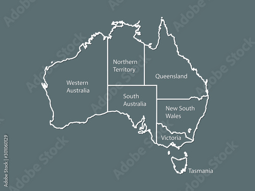 Australia map outline vector with state names on black background illustration