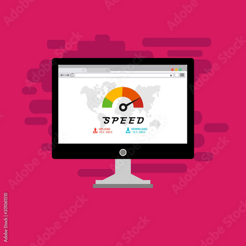 Laptop and internet speed. Loading page Seo and Development with Speedometer smartphone Technology