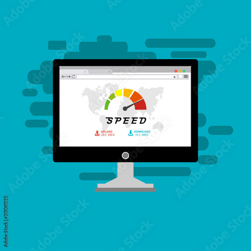 Laptop and internet speed. Loading page Seo and Development with Speedometer smartphone Technology