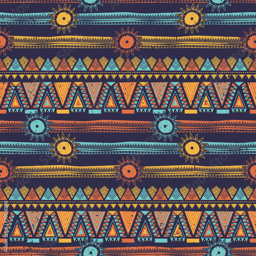 Bohemian ethnic seamless pattern with tribal stripes. Vector illustration for textile fashion ready for print.