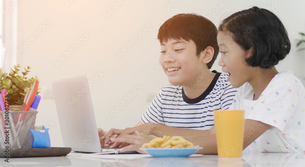 Young asian boy and girl playing with laptop computer at home.