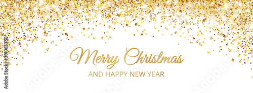 Merry Christmas and New Year card design. Gold glitter decoration