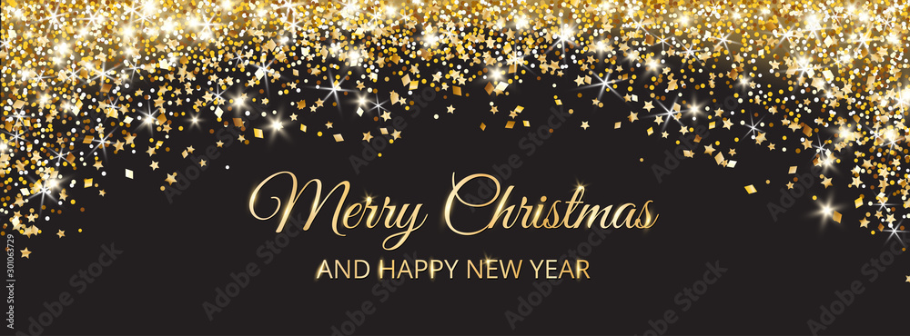Merry Christmas and New Year card design. Gold glitter decoration on black background - obrazy, fototapety, plakaty 