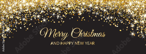 Merry Christmas and New Year card design. Gold glitter decoration on black background