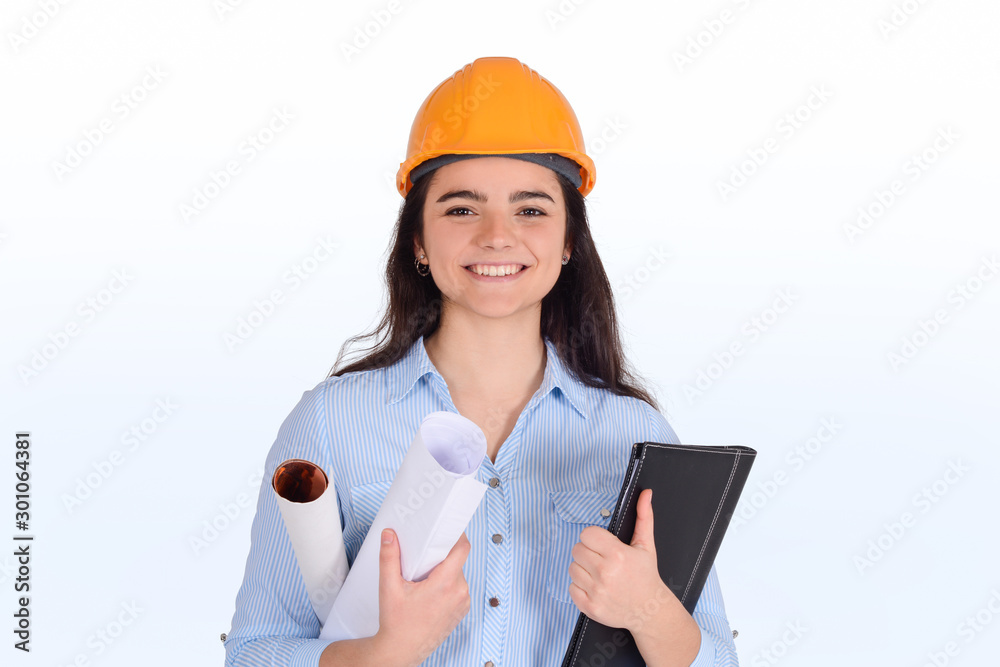 Female architect holding folders and blueprints. Female architect holding folders and blueprints.