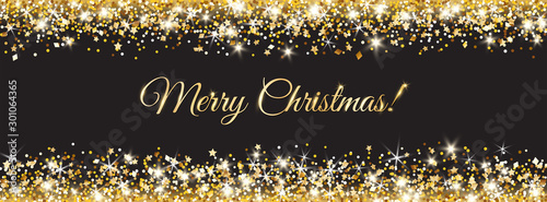 Merry Christmas and New Year card design. Gold glitter decoration on black background