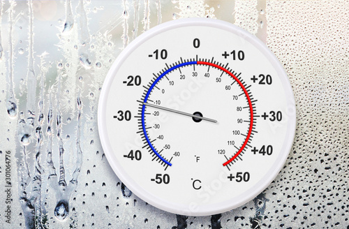 Celsius and fahrenheit scales thermometer for measuring weather temperature. Ambient temperature minus 25 degrees celsius