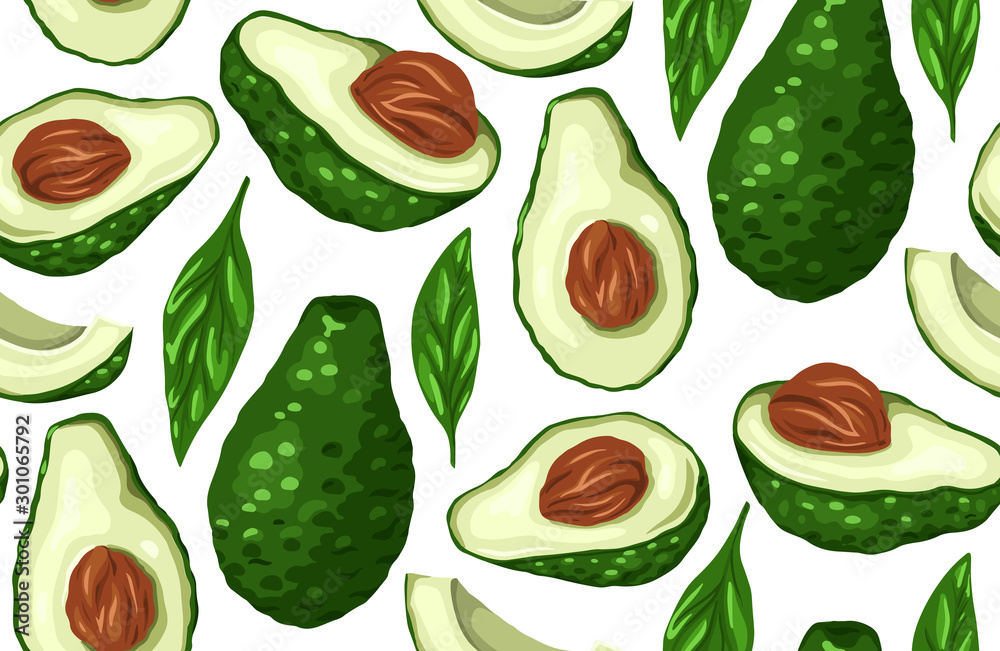 Seamless pattern with avocado halves, leaves on a white background. Ingredients for Guacomole. Keto diet. Vector texture for wallpaper, fabrics, wrapping paper and your design. Seamless pattern with avocado halves, leaves on a white background. Ingredients for Guacomole. Keto diet. Vector texture for wallpaper, fabrics, wrapping paper and your design.