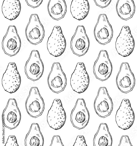 Seamless pattern with avocado sketch in row on white background. Engraving illustration with hatching. Healthy keto diet. Vector texture for wallpapers, fabrics, backgrounds and your design.