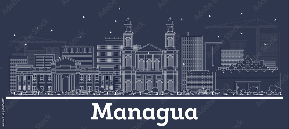 Outline Managua Nicaragua City Skyline with White Buildings.
